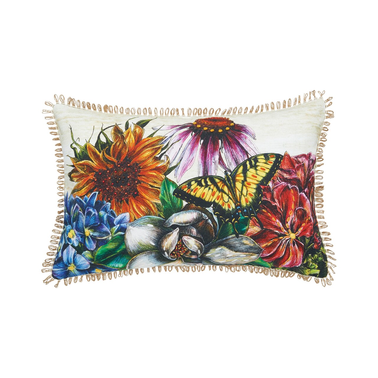 Botanical Flowers & Butterfly HD Printed Cotton Blend Lumbar Accent Pillow 14" x 22"